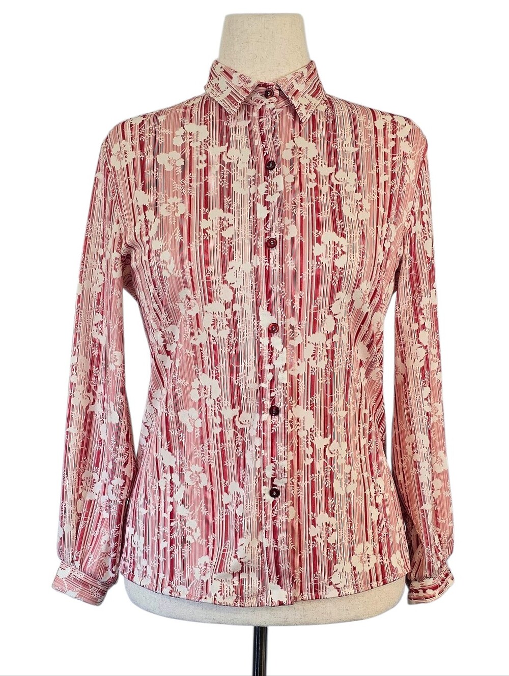1970s Vintage Shirt 70s Blouse Button Down Medium Maroon Cream Long Sleeve Red